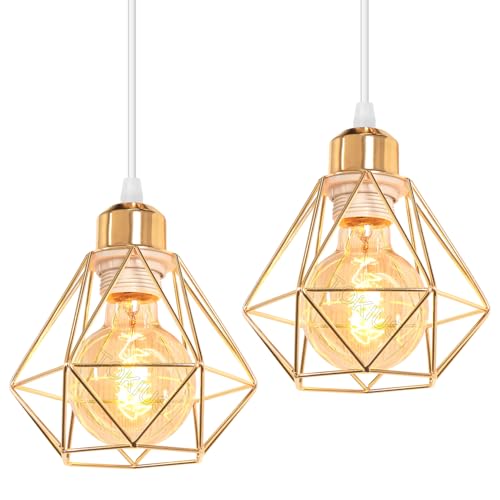 TOKIUS 2 Piezas Lámparas Colgantes Retro Diseño de Jaula de Hierro Dorado Ø 16cm Vintage Lámparas de Techo E27 Iluminación de Techo de Interior para Pasillo Salon Cocina Dormitorio (1 Foco, Oro)