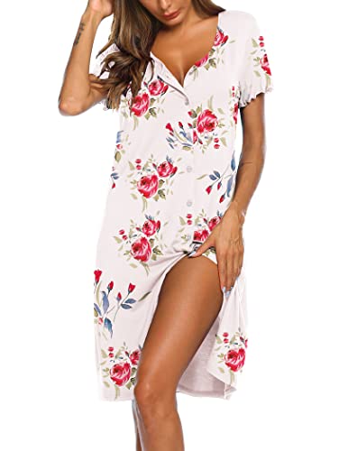 Image of Ekouaer Women's Nightshirt Short Sleeve Button Down Nightgown V-Neck Sleepwear Pajama Dress