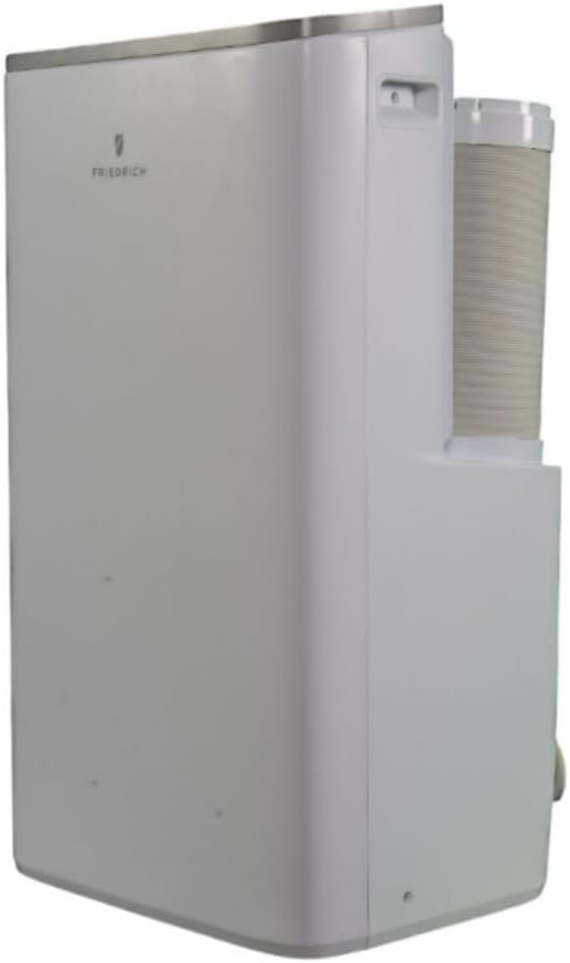 Side view of the Friedrich ZHP14DC portable air conditioner with exhaust hose attached
