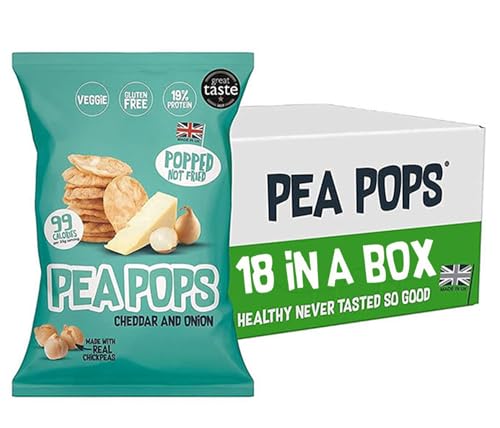 Food Factor Pea Pops Healthy Protein Chips - Delicious Chikpea Crisps 19% Protein Less Fat, Low Calorie, Gluten Free, Veggie Protein Snacks, Popped (Not Fried) 23g (Cheddar & Onion, Pack of 18)