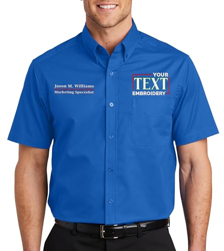 Custom Short Sleeve Embroidered Button Up Shirts for Men Add Your Text Personalized Embroidery Easy Care Shirts Strong Blue