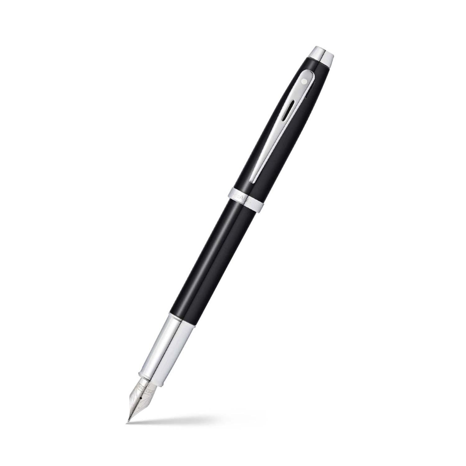 Sheaffer 100 - Refillable Fountain Pen, Medium Nib, Glossy Black Lacquer Finish, Polished Chrome Plated Trim
