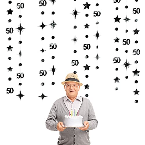 pinkblume Decorações De Aniversário De 50 Anos Preto Número 50 Círculo Ponto Cintilante Estrela Guir