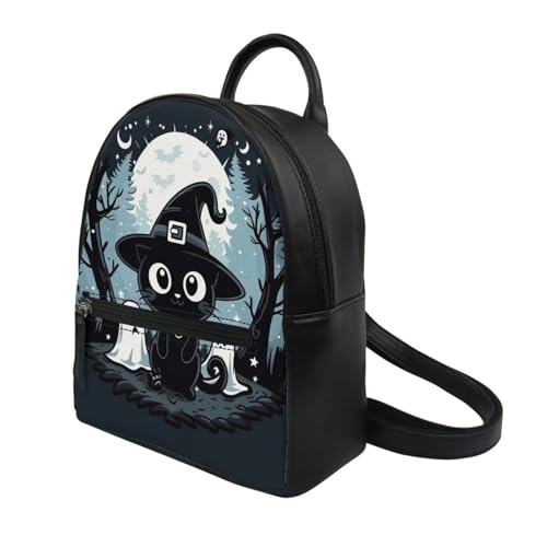 Showudesigns Halloween Backpack Purse for Women Mini Backpacks Black Cat Pu Leather Zipper Closure Shoulder Bags Casual Tote Bag Lightweight Tote Bag Daypack Rucksack Cute Ghost Handbag2