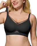As Fairy Womens Bra No Underwire Seamless Wireless Bra with Soft Support V Neck Mesh Bras Lace Bralette Everyday Bra (Black+Nude,M)