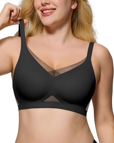 As Fairy Womens Bra No Underwire Seamless Wireless Bra with Soft Support V Neck Mesh Bras Lace Bralette Everyday Bra (Black+Nude,XL)