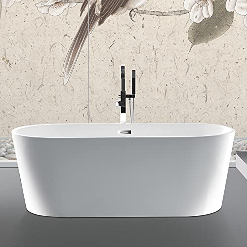 Freestanding Bathtub, 100% Acrylic Contemporary Soaking Tub With Brushed Nickel Overflow And Drain (59", White) #TOP1