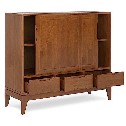SIMPLIHOME Harper Medium Storage Cabinet - 48 inch Wide Solid Hardwood Sliding Door Cabinet in Teak Brown, Mid-Century Modern Cupboard for Living Room or Entryway with 3 Drawers and Tapered Legs by SIMPLIHOME - Image 3