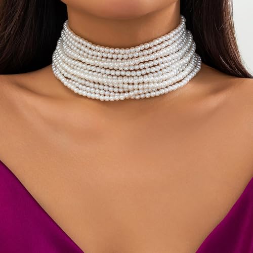 Octwine Boho Round Imitation Pearl Large Layered Choker Necklace Multi Strands Vintage Choker 1920s Bridal Wedding Christmas Vintage Shiny Necklace for Women (Silver 2)2