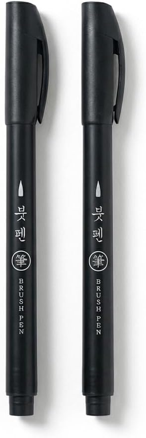 Benepisyo Minimalist Black Calligraphy Pens, 2 Pack Brush Markers 검정 붓펜