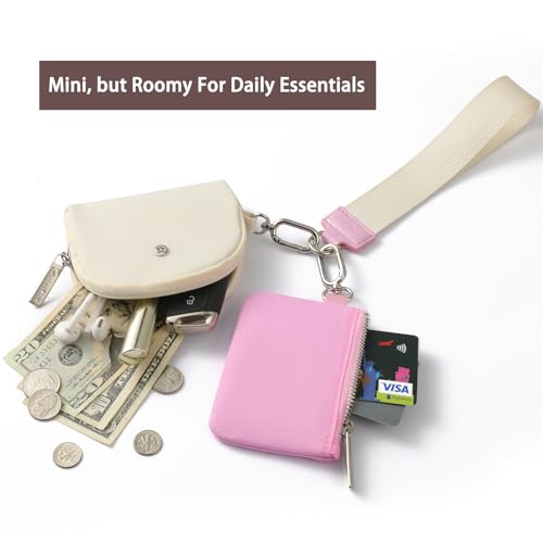 Image of Keychain Wallet Mini Zip Around Wristlet Wallets for Women Detachable Dual Pouch Wristlet Portable Coin Purse Small Wallets With RFID Blocking (Pink & Cream)