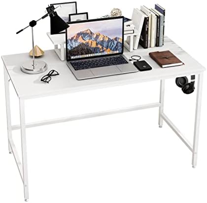 HOMEYFINE Computer Desk Office Desk with Storage Shelf Monitor Stand, Home Office Writing Study Workstation, Wood and Metal, 120 x 60 x 75 cm (White Finish)