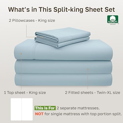 Image of California Design Den Split King Sheet Set - 600 Thread Count Sateen, 100% Cotton Sea Mist Blue Sheets, Deep Pockets with All Around Elastic, Snug Fit, Durable Bedding - Sea Mist Blue