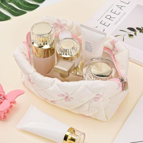 Image of Floral Quilted Makeup Bag - Cosmetic and Skincare Product Pouch, Fashionable Travel Puffy Coquette Makeup Bag, Small Cute Attractive, Bow, Modern