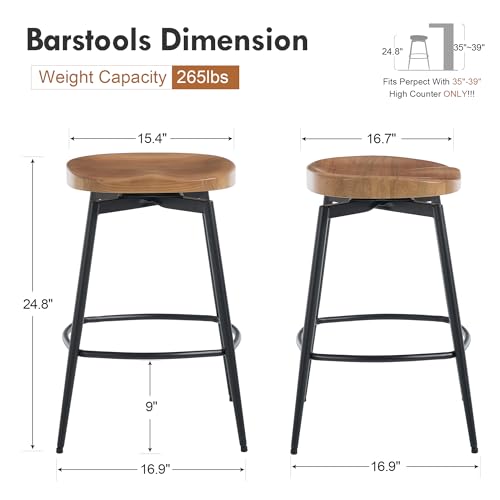 Image of 25'' Backless Swivel Counter Height Bar Stools Set of 2, Solid Wood Saddle Stools with Metal Legs, Modern Wooden Bar Stools for Kitchen Island, Walnut