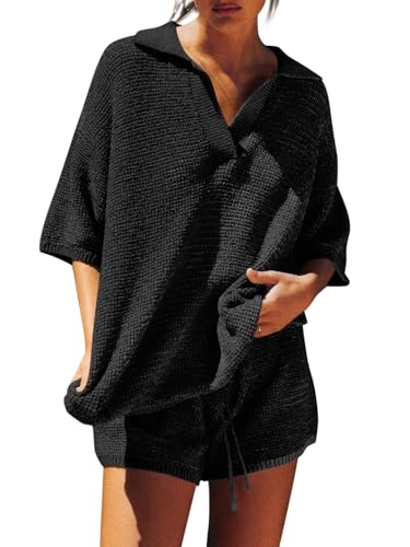 Image of Tankaneo Womens Sweater Set 2 Piece Outfits Oversized 3 /4 Sleeve V Neck Knit Tops High Waisted Shorts Lounge Sets