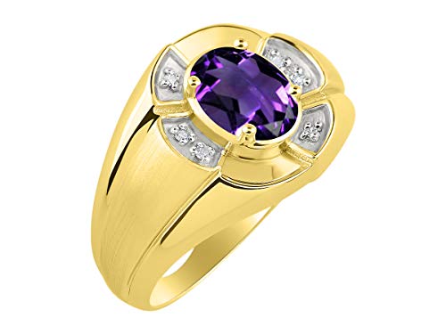 Image of Rylos Yellow Gold Plated Silver Men's & or Ladies Ring with 8X6MM Oval Gemstone & Diamonds - Unisex Color Stone Birthstone Ring Sizes 7-13