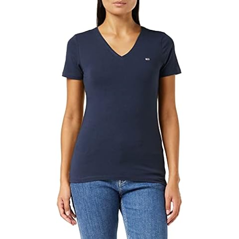 Tommy Jeans Damen T-Shirt Kurzarm TJW Skinny V-Ausschnitt Cover