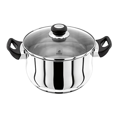 Judge Vista Stainless Steel Huge Stockpot with Twin Handles 24cm 5L, Shatterproof Vented Glass Lid, Induction Ready, Oven Safe, 25 Year Guarantee