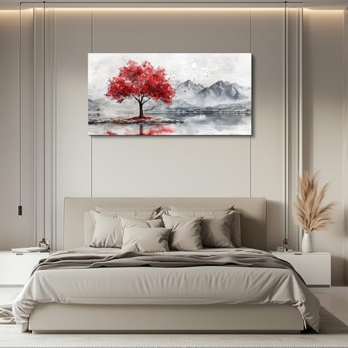 QIYILEXWART Canvas Wall Art For Living Room Wall Decor For Bedroom Office Wall Decoration Red Tree Landscape Painting Farmhouse Pictures Artwork Room Aesthetic Home Decor 20x40 In
