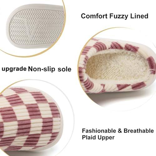 Image of Yueerlu House Slippers for Women Men, Fuzzy Checkered Mens Womens Slippers Warm Memory Foam House Shoes Indoor Outdoor with Faux Fur Lining
