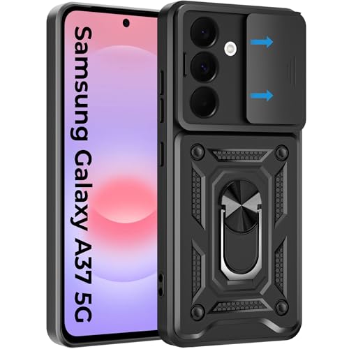 Image of A rtistque Armor Bumper Back Cover Case for Samsung Galaxy A37 5G | Ring Holder Stand | Sliding Camera Protection | Shockproof Heavy Duty Design | Samsung Galaxy A37 Back Cover - Black