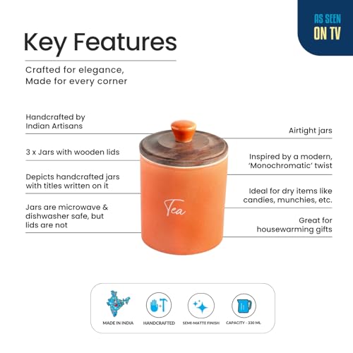 Image of ExclusiveLane 'London Diary' Airtight Ceramic Jars For Kitchen Storage With Wooden Lid Ceramic Containers For Pickle Cookies Sugar Dry Fruits (Set of 3, Airtight, 330 ml, 13.5 Cm, Orange & Brown)