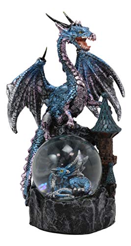Ebros Gift Metallic Midnight Blue Dragon Protecting Castle On Cliff Rocks with A Wyrmling Glitter Water Globe Figurine 8