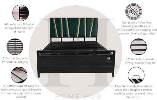 Image of Furniture Beliza Metal Bed Frame with Hydraulic Storage, King Size Platform Bed, Bed with Storage, Iron Bed Frame - Black (Pine Headboard) (King Size 6X6 with Mattress)