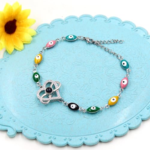 Image of 100 Languages I Love You Projection Heart Charm Evil Eye Chain Bracelet Adjustable Good Luck Jewelry Valentine's Day Anniversary Birthday Protection Gift for Women Mom Wife