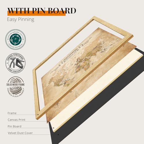 Image of DECORARTS - Personalized World Travel Map with Pins, Custom Name, Pin Board Canvas Wall Art, Antique Vintage Old World Decor, Optional Wood Frame, Giclee Print, Handcrafted in USA, 20x16''