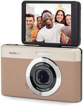 KODAK PIXPRO C1 13MP Compact Digital Camera, 26mm Fixed Lens, 1080p Full HD Video, 2.8 Inch 180 Degree Flip Screen, F2.0 Lens, Digicam, Built-in Li-Ion Battery, Selfies, Brown