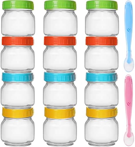 12 Pack Baby Food Containers, GoldArea 8 oz Glass Storage Containers with Lids, Baby Feeding Supplies, Glass Snack Containers for Kids, Glass Baby Food Jars, 2 Pcs Baby Spoons Included