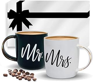 Triple Gifffted Couples Gifts for Christmas, Wedding Anniversary, Engagement - Mr and Mrs Gifts, Mugs for Him and Her, His Hers Newlywed, Women, Bride, Couple Valentines Day Gift, Black & White