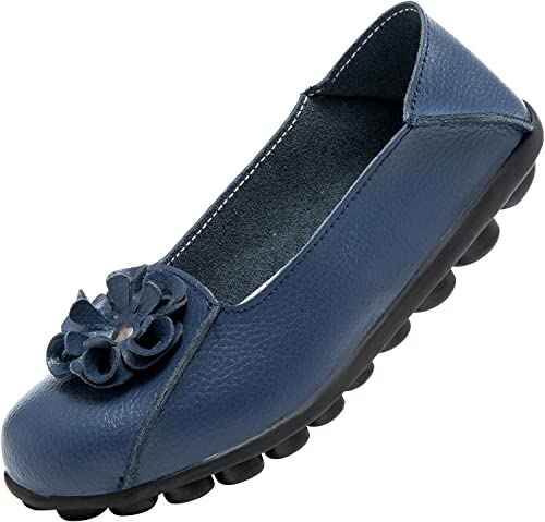 Image of Women's Leather Loafers Slip On Flats Casual Round Toe Moccasins Wild Breathable Comfortable Walking Working Driving Long Standing Fashion Soft Shoes