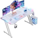 DLONGONE Gaming Desk with LED Lights, 120 x 60 cm Gaming Table Z Shaped, Gamer Desk with Headphone Hook and Cup Holder, Gaming PC Table Easy to Assemble, Computer Desks for Play Home Office, White