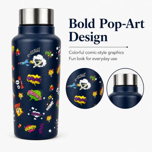Image of Stainless Steel Water Bottle for School Office Travel | Printed Water Bottle | Drinking Bottle for Home Gym College | Stylish Bottle for Daily Use Picnic & Gifting (Black With Comic)