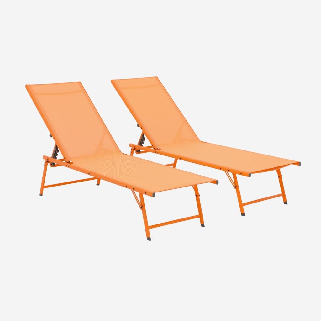 Alice's Garden sweeek - Lot de 2 Bains de Soleil Acier textilène inclinable 4 Positions Tropea Orange. 165 x 54.5 x 82.5 cm