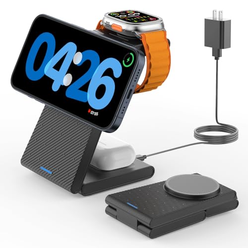GEEKERA 3 in 1 Wireless Charging Station for Magsafe, Foldable Magnetic Wireless Charger Stand for Multiple Devices, Wireless Charger for iPhone 16/15/14/13/12 Pro Max, Apple Watch, AirPods 4/3/2/Pro