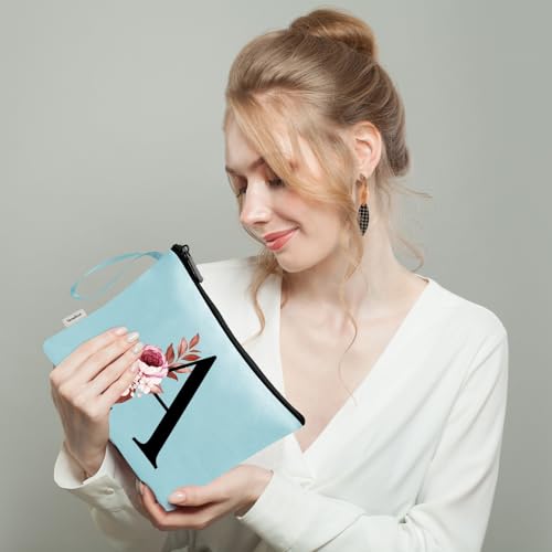 Image of Vavabox A-Z Personalized Makeup Bag, Birthday Gifts for Women Mom, Gifts for Best Friend, Bride Bridesmaid Cosmetic bag (A, Aqua)