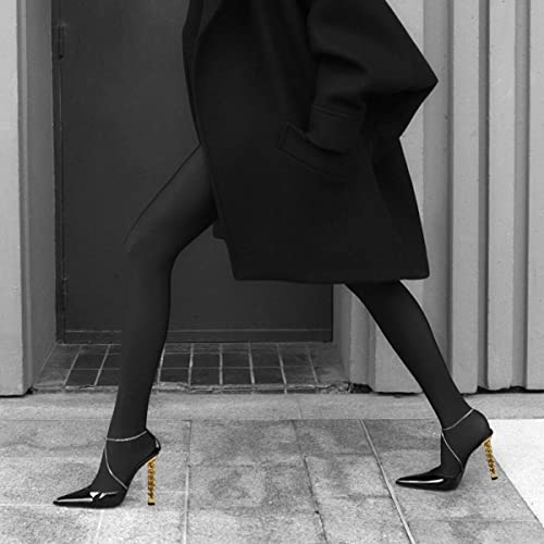 XYD Women Chic Pumps with Ankle Chain Strap Pointed Toe Patent Leather Block Metal Golden High Heels Cocktail Formal Party Sandals Shoes4