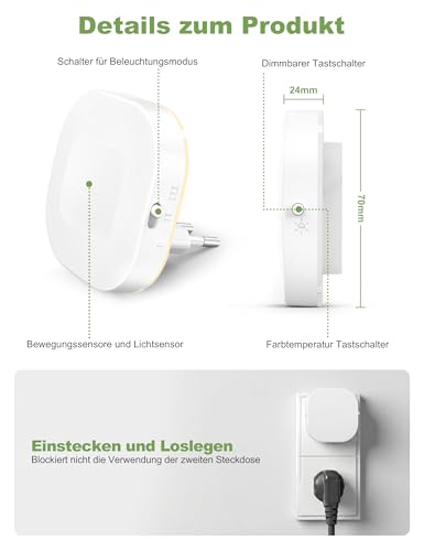 NIORSUN Nachtlicht Steckdose mit Bewegungssensor und Dämmerungssensor, 2 Stück 1800K-5000K LED hinterleuchtete Nachtlicht, Dimmbar Steckdosenlicht für Kinderzimmer, Schlafzimmer, Treppen, Gang