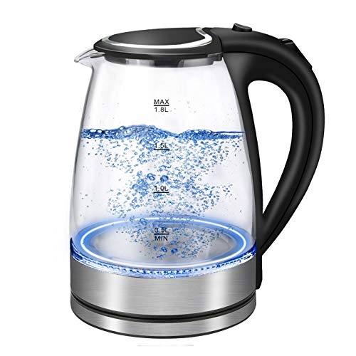 Glas Elektrischer Wasserkocher, 1,8 l schnelles Kochen Wasserkocher 2200 W mit beleuchteter LED, Auto-Off & Trockengehschutz, BPA-frei