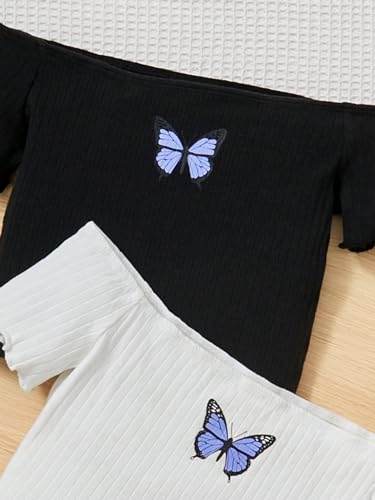 WDIRARA Girl's 2pcs Set Butterfly Print Ribbed Knit Off The Shoulder T Shirt Textured Slim Fit T Shirts3