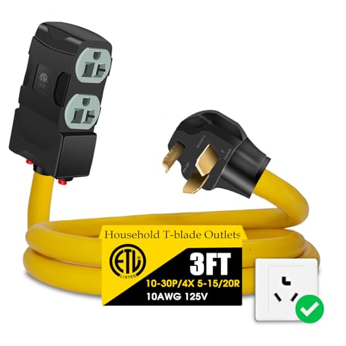 30Amp to 20Amp 110V Adapter Compatible with NEMA 10-30P to 4x 5-20R/15R with 20 Amp Circuit Breaker 240V to 120V Dryer Power Distribution Adapter (3 FT)