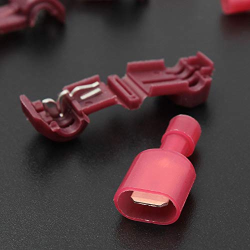 100 terminales de crimpado aislados en T rojos/macho, 0,5-1,5 mm2, conectores de terminal de cable de empalme rápido, combo de 22-18 AWG