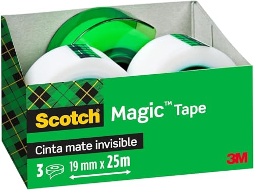Scotch Magic Cinta Adhesiva Invisible, 3 rollos de 19 mm x 25 m + 1 Dispensador Portátil Gratis - Cinta Adhesiva de Uso General para Reparación, Etiquetado y Sellado de Paquetes y Documentos