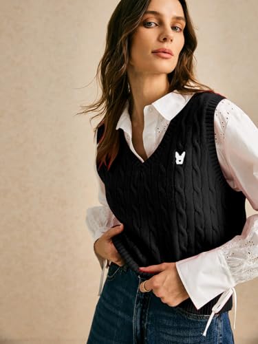 Image of BEAUDRM Women's Embroidery Cable Knit Sweater Vest V Neck Knitted Casual Sleeveless Sweater Pullover Top