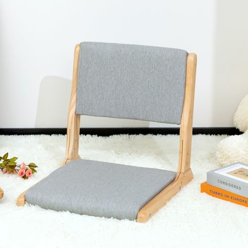 Image of HollyHOME Foldable Japanese Style Floor Chair with Back Support, Wood Legless Tatami Chair with Cushion, Accent Meditation Seat for Bay Window, Living Room, Bedroom, Light Grey