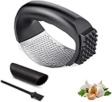 Garlic Press Rocker,2-in-1 Multifunctional,Garlic Crusher,Stainless Steel Garlic Chopper,Mincer, Grinder,Cutter,kitchen Gadget,with Silicone Roller Peeler,Cleaning Brush and Orange Peeler (Black)